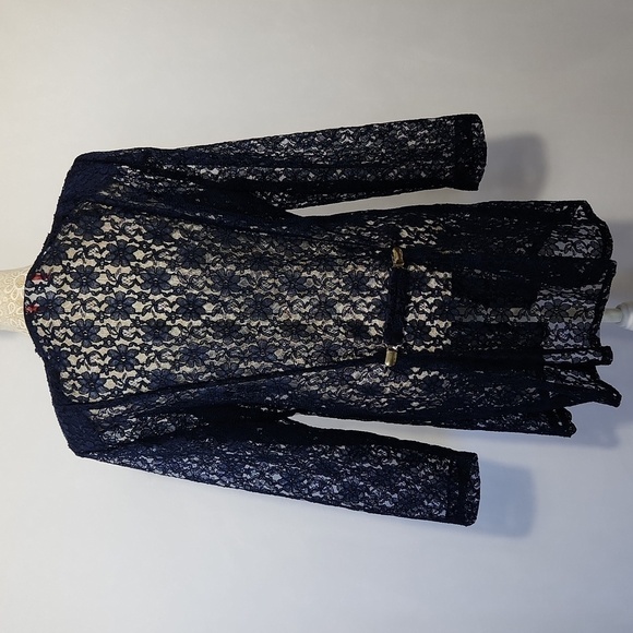 Beautiful U Women's Navy Blue Crochet Lace Scalloped Hem Button Front Cardigan L - Picture 9 of 15